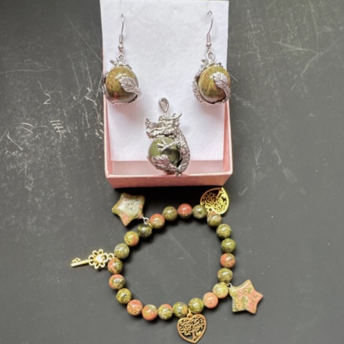 Handcrafted Unakite Dragon Jewelry Set Green Pink Earrings Pendant Bracelet