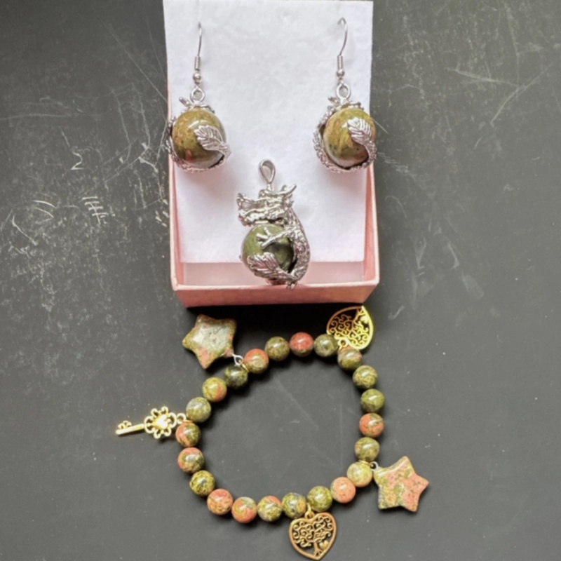 Handcrafted Unakite Dragon Jewelry Set Green Pink Earrings Pendant Bracelet