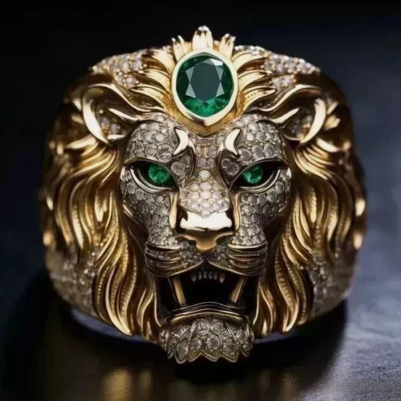 5.00Ct Oval Cut Lab Created Emerald Men's Lion King Ring 14K Yellow Gold Finish