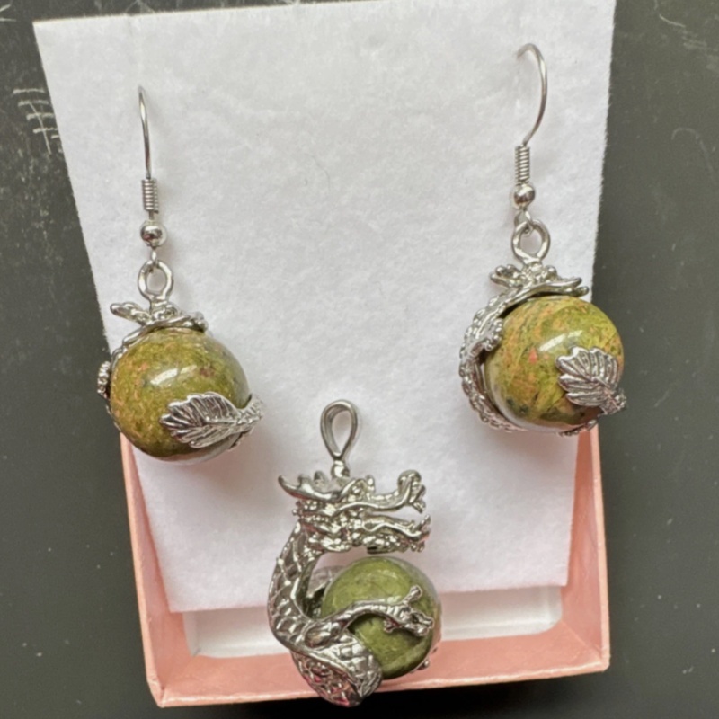 Handcrafted Unakite Dragon Jewelry Set Green Pink Earrings Pendant Bracelet