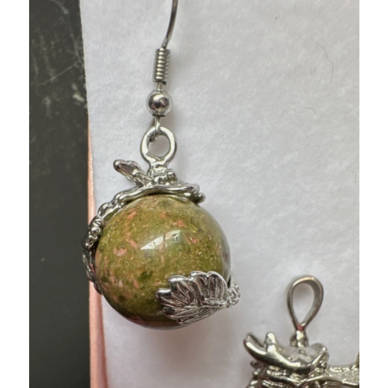 Handcrafted Unakite Dragon Jewelry Set Green Pink Earrings Pendant Bracelet